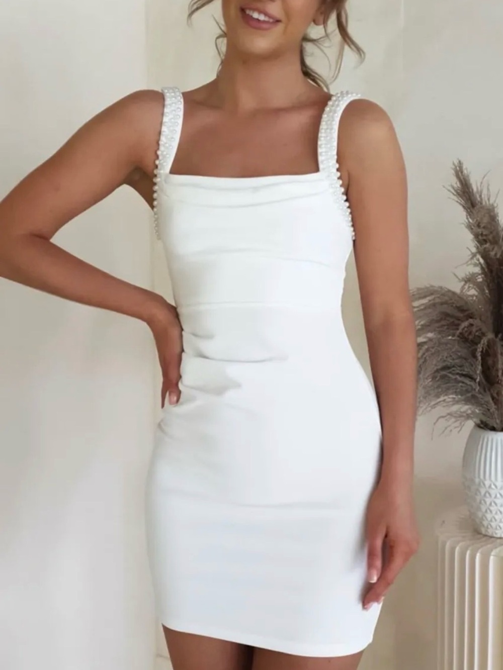 Pearl-Trim White Square Neck Mini Dress